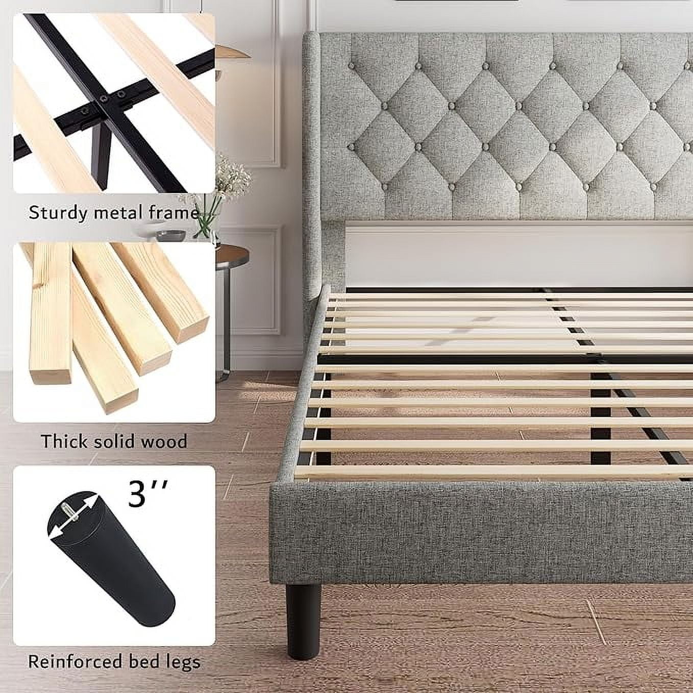 iPormis Queen Size Bed Frame with Diamond Button Tufted Wingback Headboard, Upholstered Platform Bed Frame with Strong Wood Slat Support, No Box Spring Needed, Light Gray
