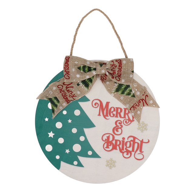 Wooden Christmas Hanging Sign Bowknot Round Christmas Door Sign Decorative Pendant with Green Christmas Tree Letters