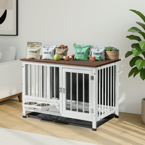 Zimtown 31in Dog Crate Furniture, 360° Rotating Feeder with Removable Tray, Wooden Dog Kennel, Rustic Brown & White End Table
