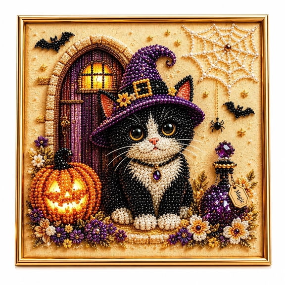 Fmbmuo Halloween Sparkling Pearl Bead Diamond Art DIY Kit, 5D Gem Dotz Craft for Home Wall Decoration, Spooky Party Favor & Holiday Gift