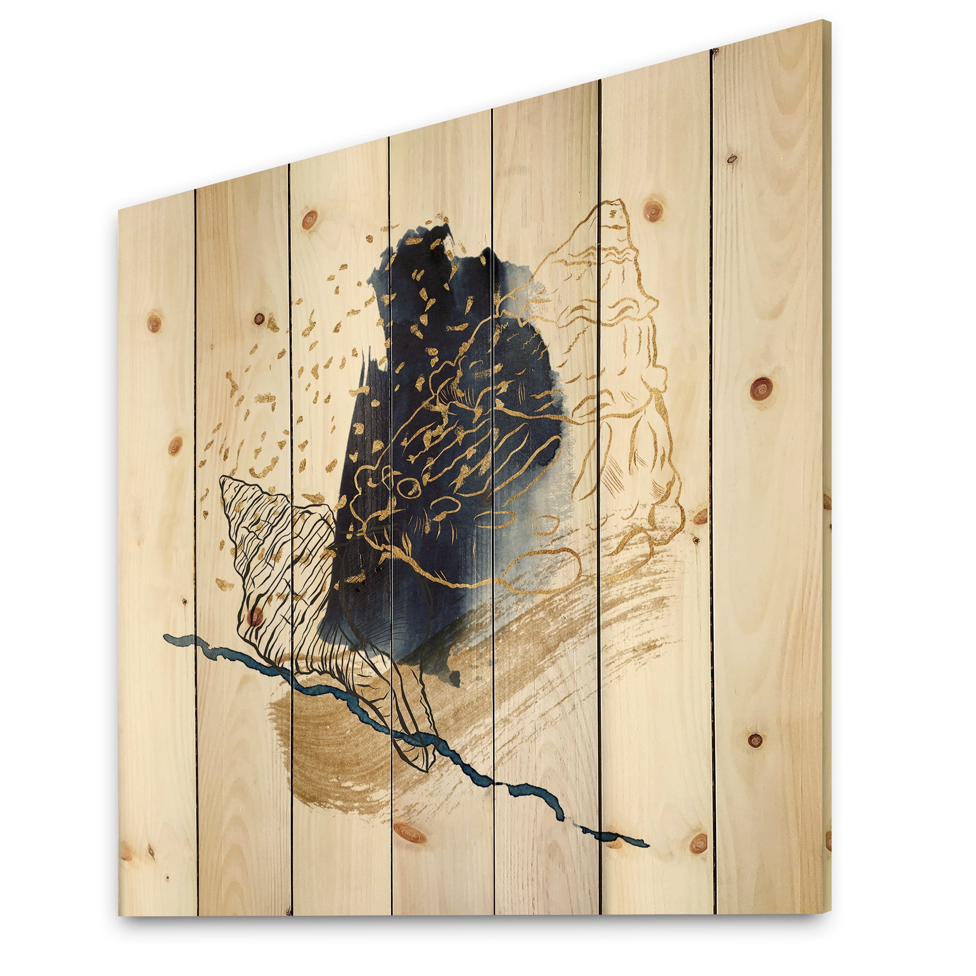 Designart 'Underwater Marine Life With Gold Shell Line Art' Farmhouse Print on Natural Pine Wood