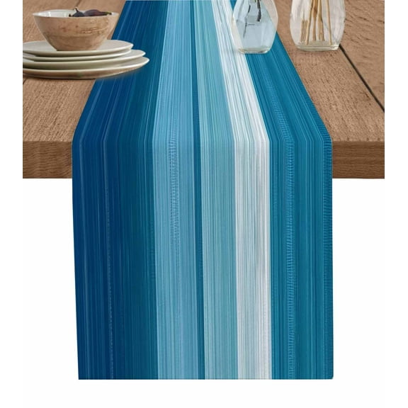 Blue White Ombre Burlap Cotton Table Runner 14x72 Inches Long, Modern Gradient Abstract Aesthetic Farmhouse Table Runners, Outdoor Dining Tablecloths Decor for Baby Shower/Party/Wedding