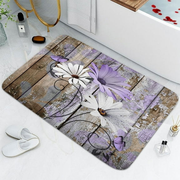 Farmhouse Floral Flower Bath Mat, Purple Daisy Rustic Wooden Plank Country Barn Wood Non-Slip Flannel Soft Doormat Floor Entryways Outdoor Indoor Front Door Mat, 19X31