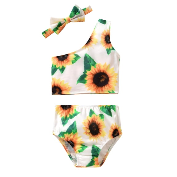DHFJKG Baby Girls Swimsuit Bikini Set Kids One-Shoulder Floral Print Bathing Suit With Headband 3PCS Swimwear For 6-12M Comfy Beachwear