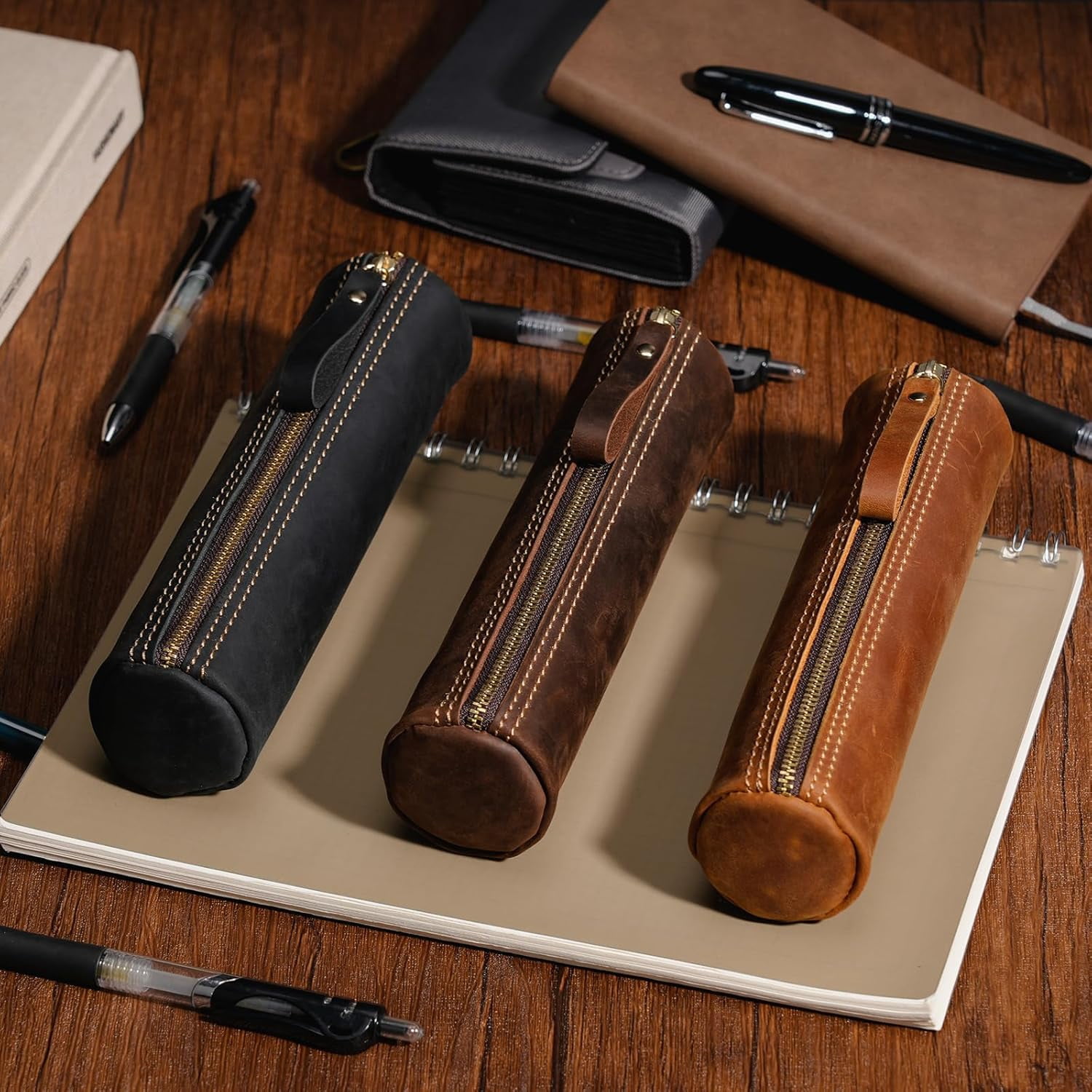 ABPETE Small Pencil Pouch-Genuine Full-Grain Leather Pencil Case for Men- Vintage Leather Pouch for Adults-Stationery Organizer Bag for Work & Travel-Cylinder-Coffee