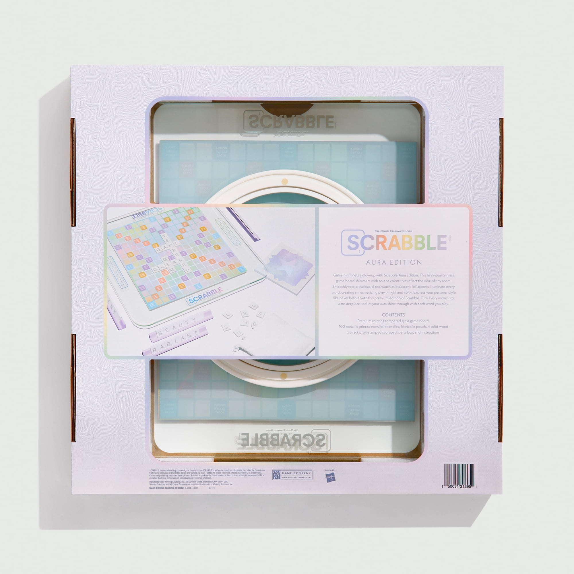 WS Game Company Scrabble Aura Edition – Iridescent Rotating Tempered Glass Game Board, Metallic-Printed Letter Tiles, Luxe Tile Racks & Organizer Tray – Family Word Game for Ages 8+, 2–4 Players