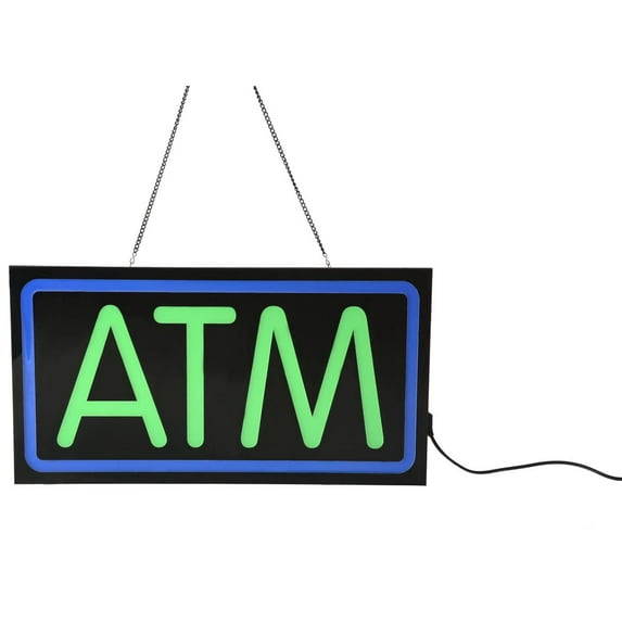 ATM Sign for Store Window, LED Illuminated Sign with Hanging Chain, Crisp Lettering, Blue and Green (JLEDATM)