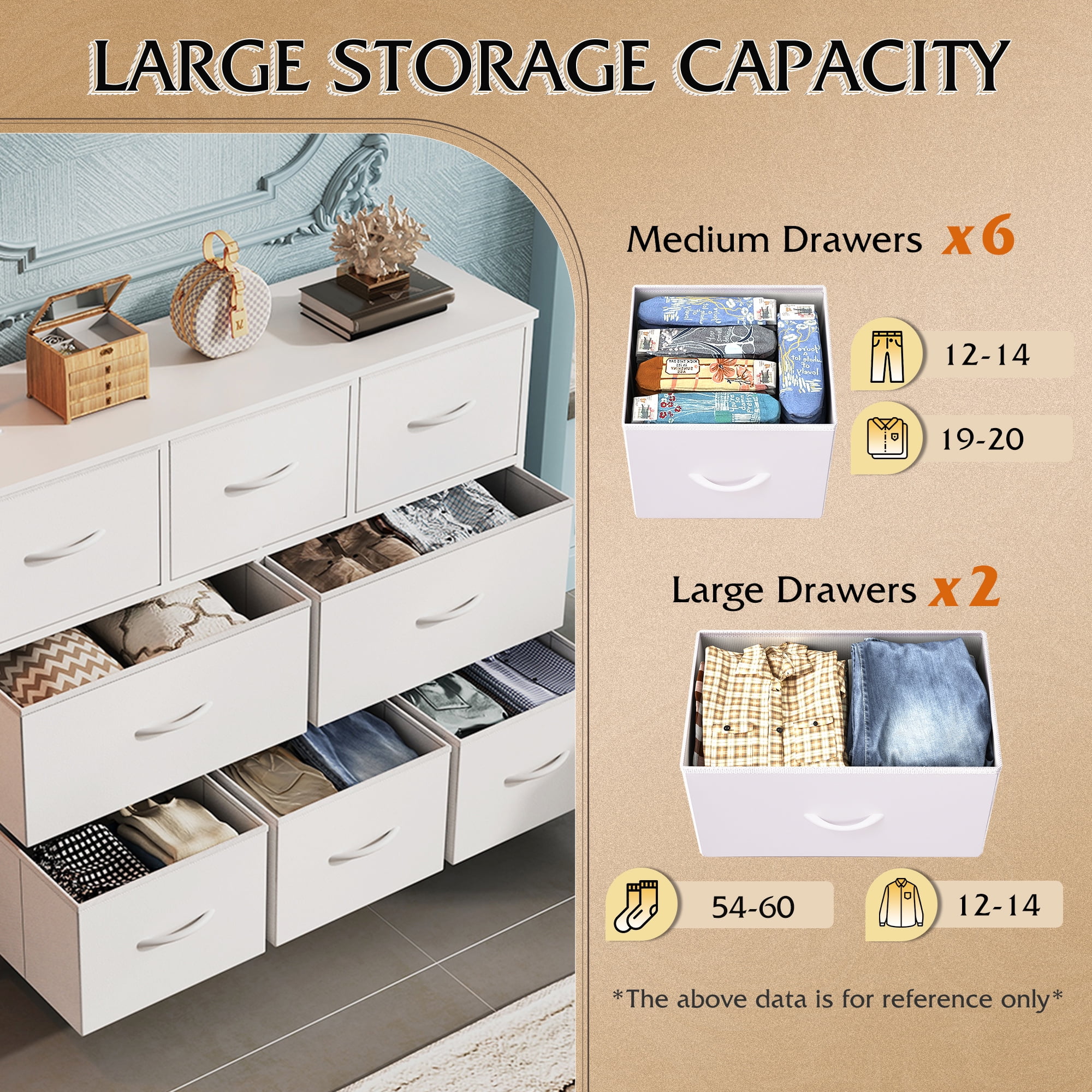 GALAXHERO 8 Drawer Dresser, Fabric Storage Unit for Bedroom, Large Drawer Chest for Entryway & Living Room, White, 59" x 30" x 16"