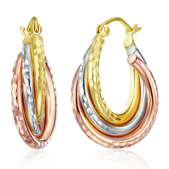 Wellingsale Ladies 14k Tri 3 Color Gold Polished Diamond Cut 5mm Crossover Elegant Hinged Hoop Earrings (20 x 16 mm)