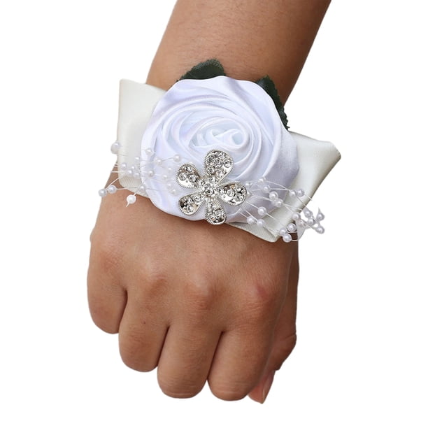 Inteprter Materiales de tela, ramillete de muñeca de rosa de satén hecho a mano para bodas, flor de muñeca nupcial única para dama de honor Kits de decoración para fiestas N16 blanco