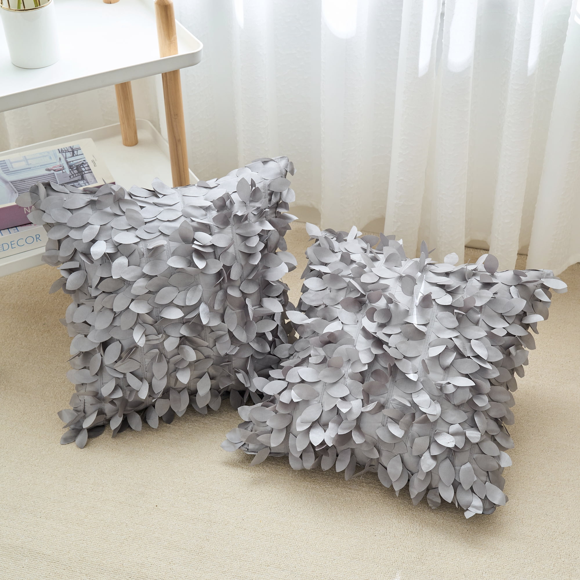 Unique Bargains Sequins Leaf 3D Throw Pillow Cover Pack of 4 Solid Color Cushion Covers Grey 18" x 18"