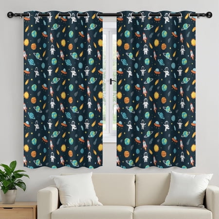 Astronaut and Sun Black Pattern Blackout Curtains Triple Weaved Fabric Thermal Insulated Room Darkening Grommet Top 2 Panels 52x72in(132x183cm)
