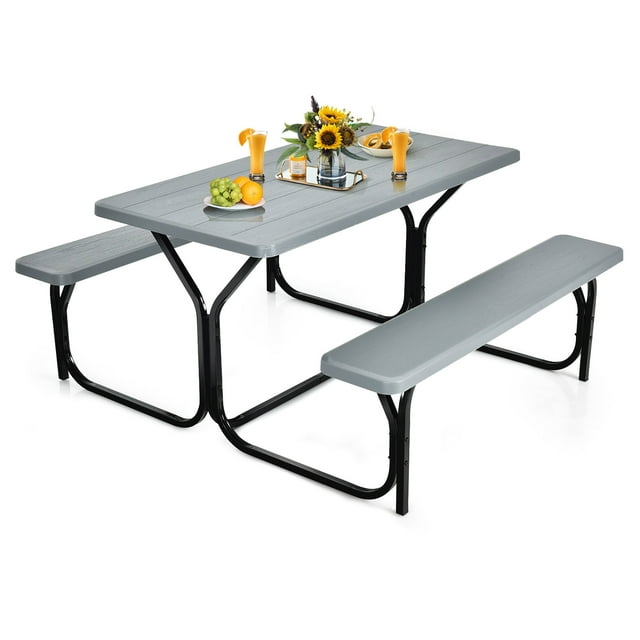 Gymax Picnic Table Set, 54'' x 59'' x 28.5'', with 1 Picnic Table and Bench, Grey (1 Count)