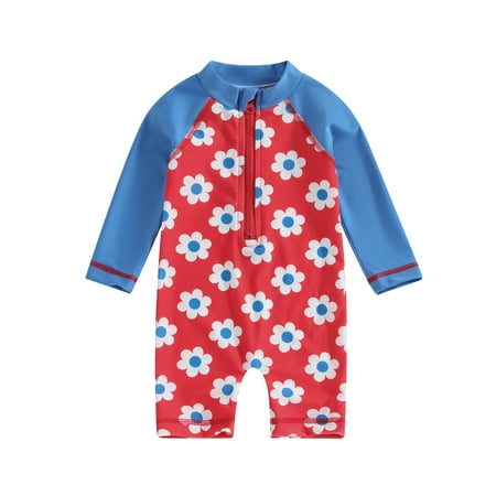 

Licupiee Toddler Baby Girl Swimsuits Summer Floral Print Long Sleeves Zipper Jumpsuit Beachwear for Bathing Suits