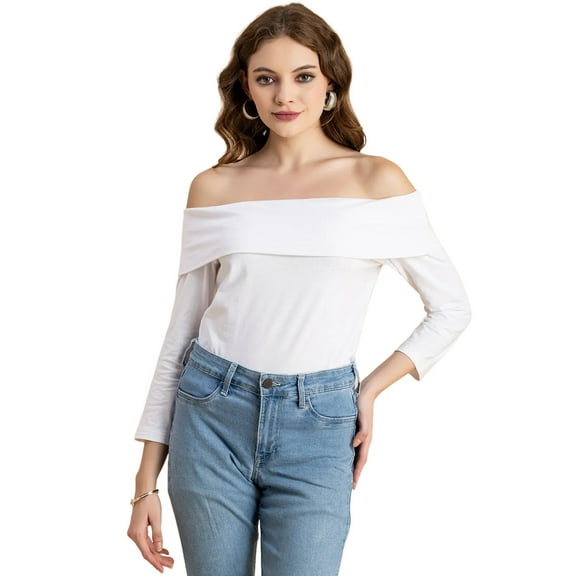 Moomaya Solid Off-Shoulder Tops, Womens Full Sleeve Casual Vacation Top