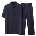 thumbnail image 3 of HVOBTTY Mens Comfy Pajama Set, Summer Pajama Set for Men, Men's Fashion Casual Soft Solid Color Stand Collar Short Sleeve Top and Long Pants Sport Sleepwear or Outdoor Set Navy, M, 3 of 4