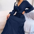 thumbnail image 4 of QIYAGBSA Pleated Maxi Dress for Women Soft V Neck Tie Waist Swing Dress Lantern Sleeve Long Sleeve Fall Winter, 4 of 8