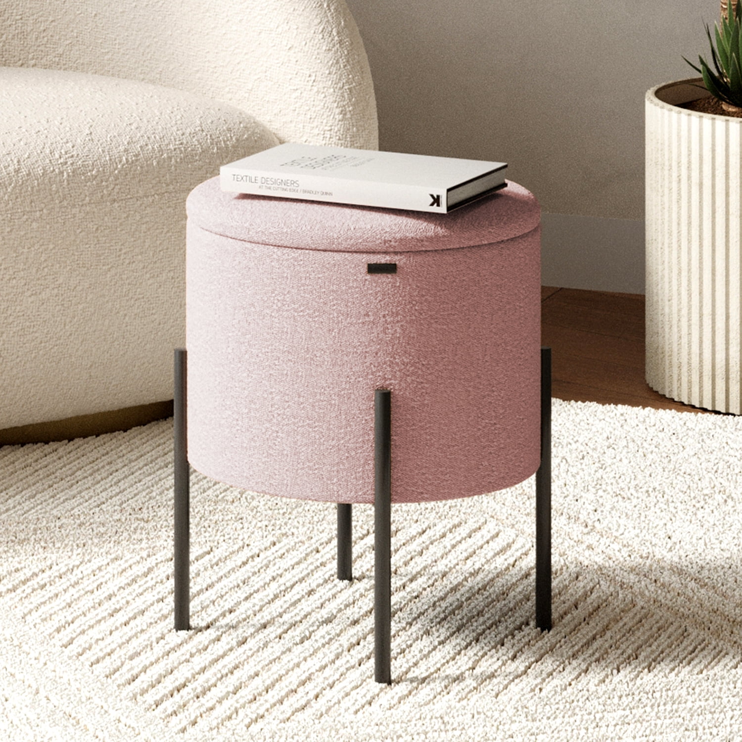LammaLoe Small Round Ottoman with Storage, Boucle Ottoman Foot Stool with Lid, Upholstered Vanity Stool for Living Room & Bedroom, Pink