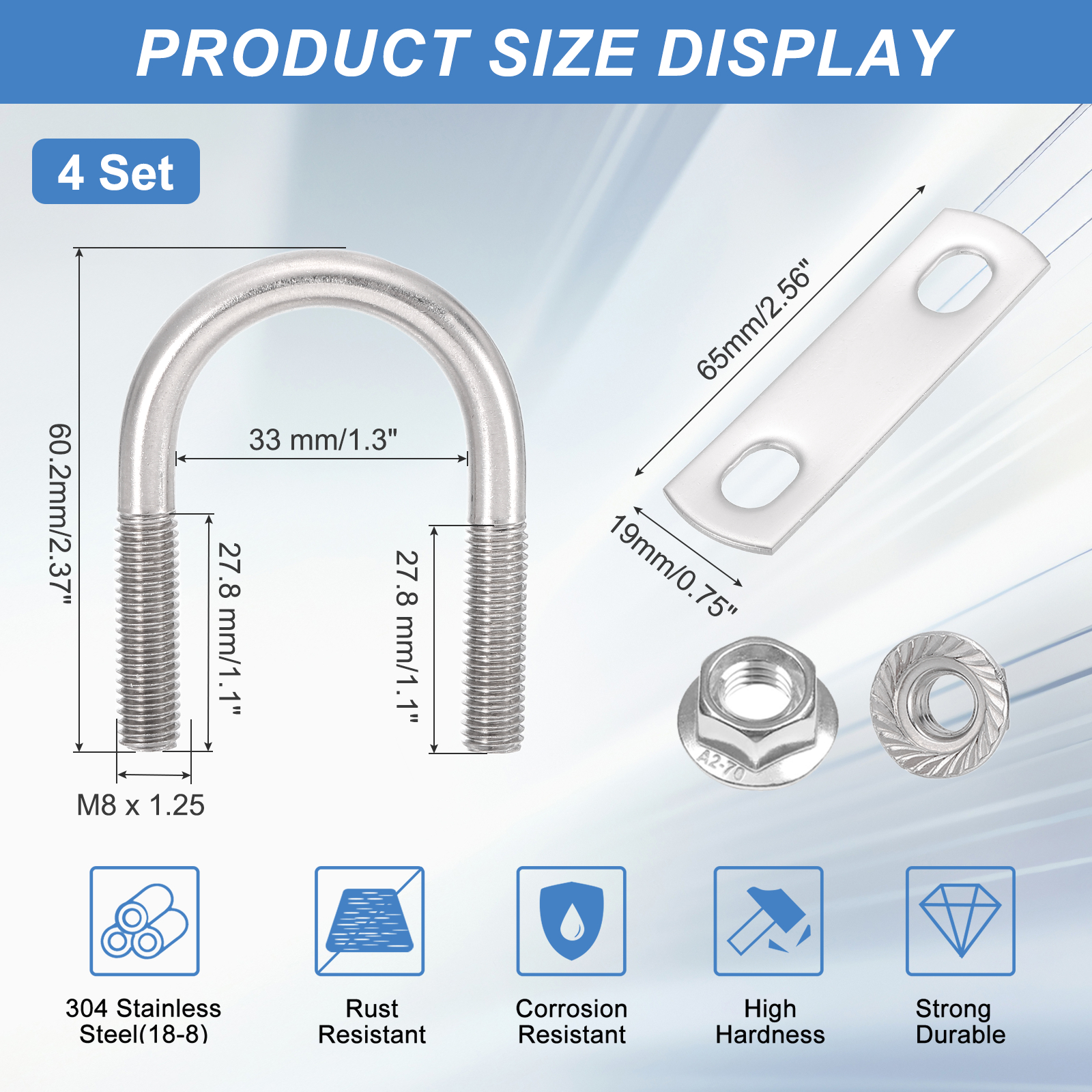 Uxcell 4 Set 1-5/16" Inner Wide Round U Bolts,  2-3/8" Length 304 Stainless Steel U-Bolts with Flange Hexagon Nuts, Frame Plates for Trailer, Automotive, (33mm W x 61mm L)