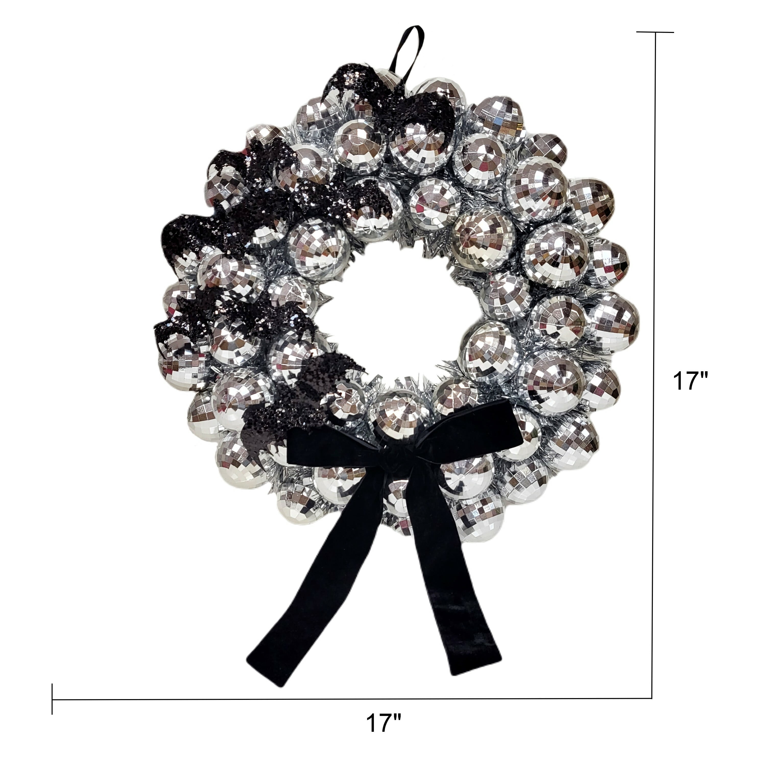 Disco Ball and Bats Wreath, Silver and Black, 17", Halloween by Way To Celebrate