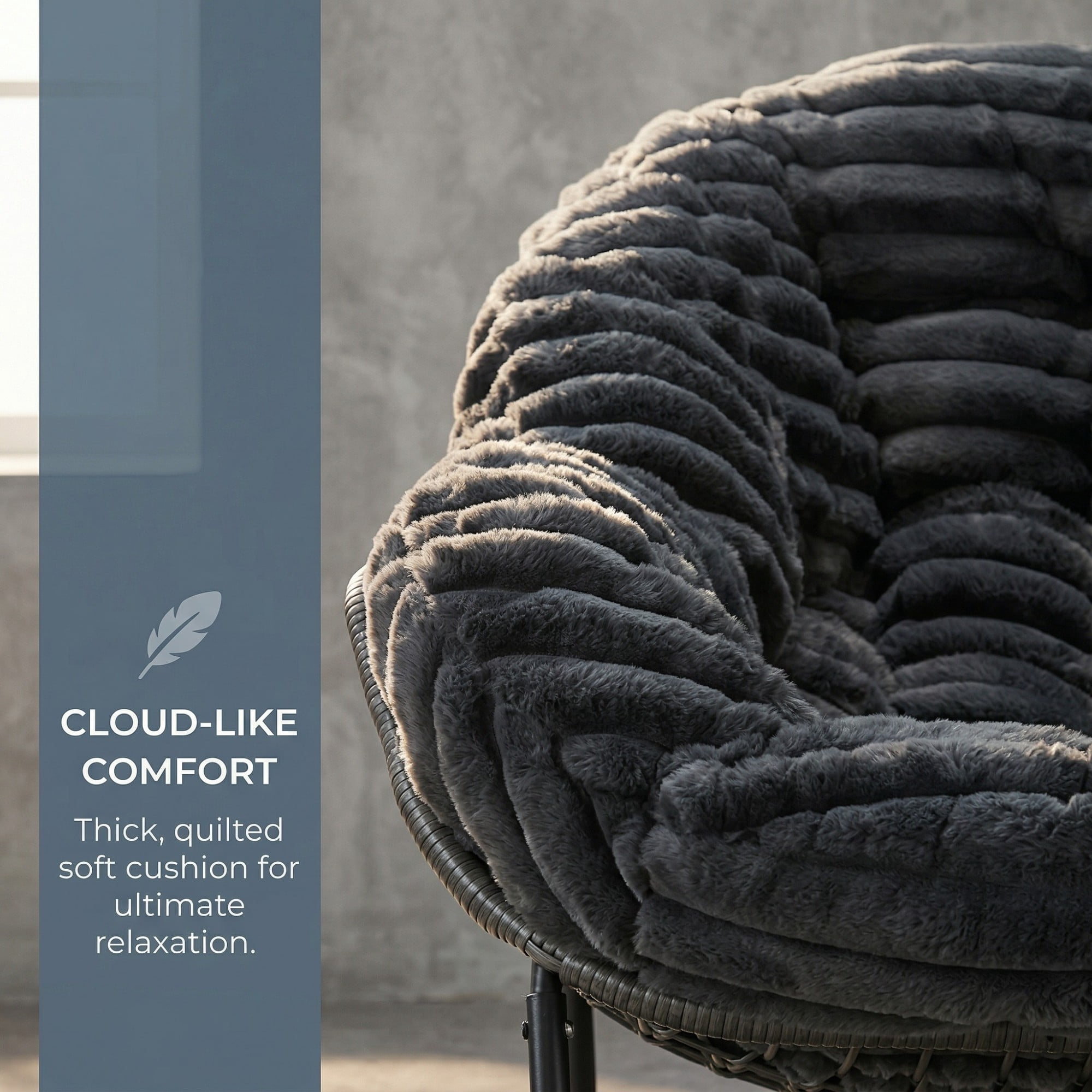 Outdoor Papasan Rocking Chair, Oversized Egg Chair with Cushion, Wicker Rattan Patio Rocker, Indoor Outdoor Lounge Chair for Porch Garden Living Room, Dark Gray