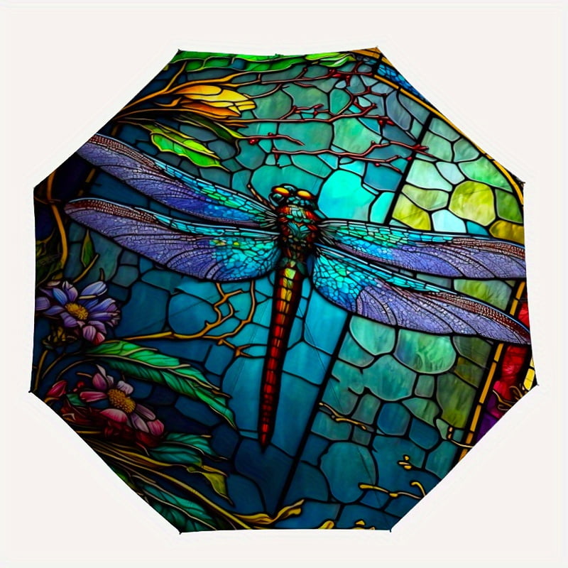 1 Dragonfly Colored Glass Pattern Umbrella - 8 Spokes, Automatic Open/Close, Windproof Portable Folding Sunshade with Vibrant Blue and Purple Dragonfly Design, D
