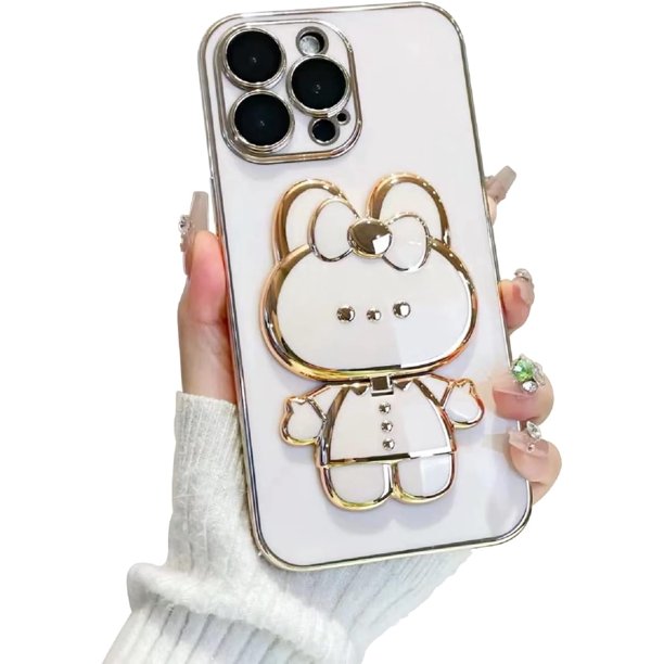 Funda para iPhone 11 Pro con adorable conejito y soporte oculto, de TPU suave, a prueba de golpes, con espejo 3D y protección para cámara, para mujeres y niñas (blanco)