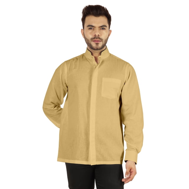 Bestman Chemise Unie à Manches Longues pour Hommes, Col Chinois, Patte de Boutonnage Double devant