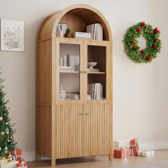 LAZZO 71" Tall Farmhouse Arched Pantry Cabinet, Fluted Storage with Adjustable Shelves, Natural Wood Color