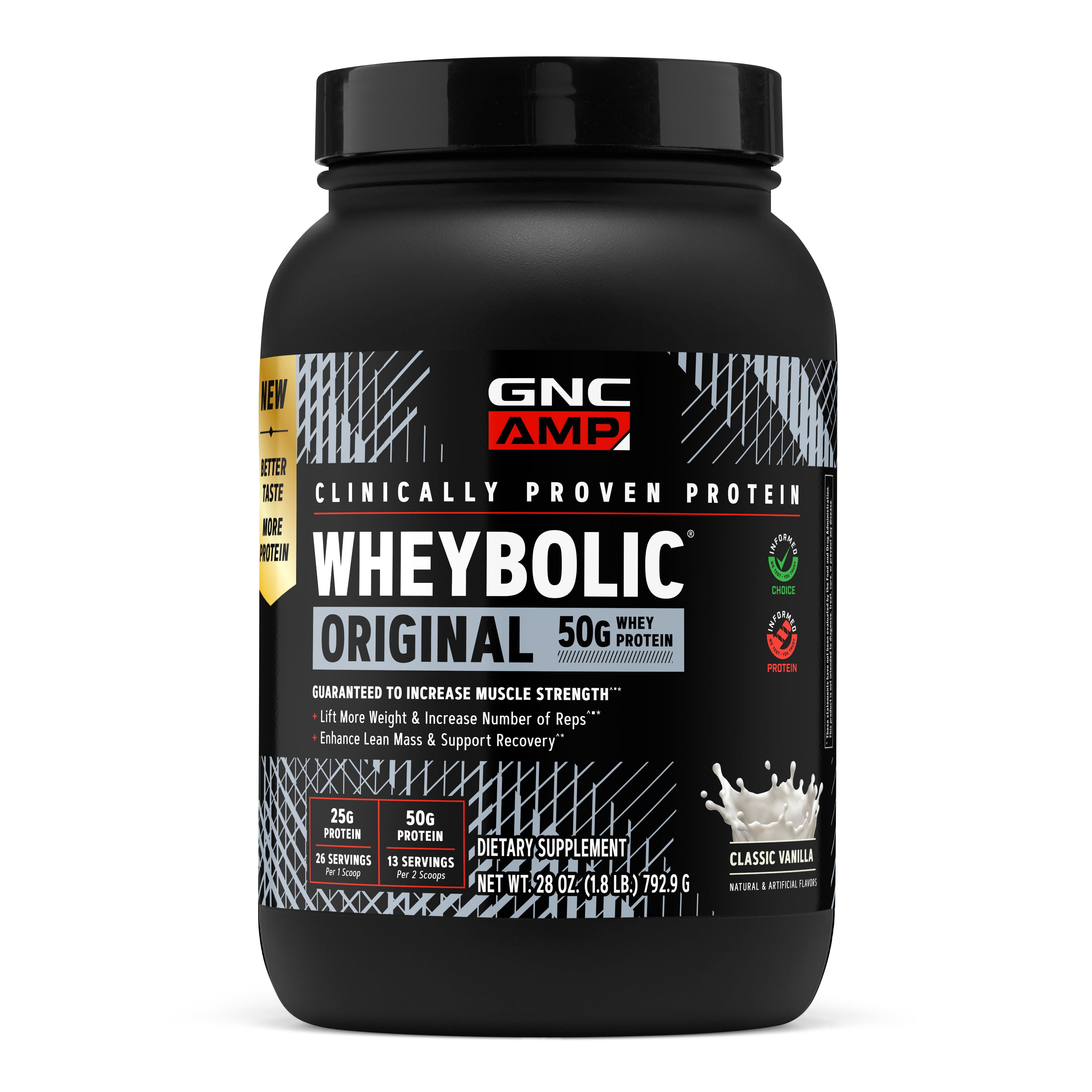 GNC AMP Wheybolic Clinically Proven Protein Powder, 50g Whey Protein, BCAA, Leucine, Increases Muscle Strength, Muscle Building, 3rd Party Tested, Gluten Free, Classic Vanilla 13 Servings