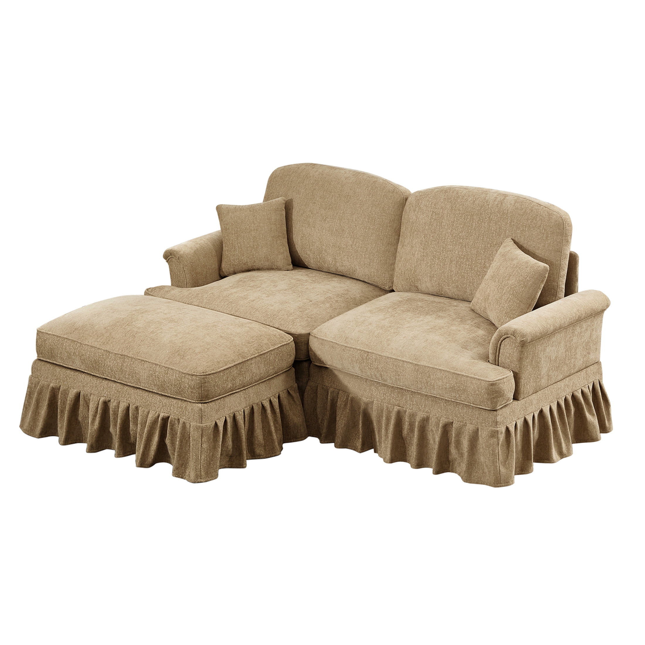 Noble House L-Shaped 2-Seater Sofa with Flared Arms, Removable Pleated Skirt, Spindle Legs, Chenille, Movable Ottoman, Light Coffee