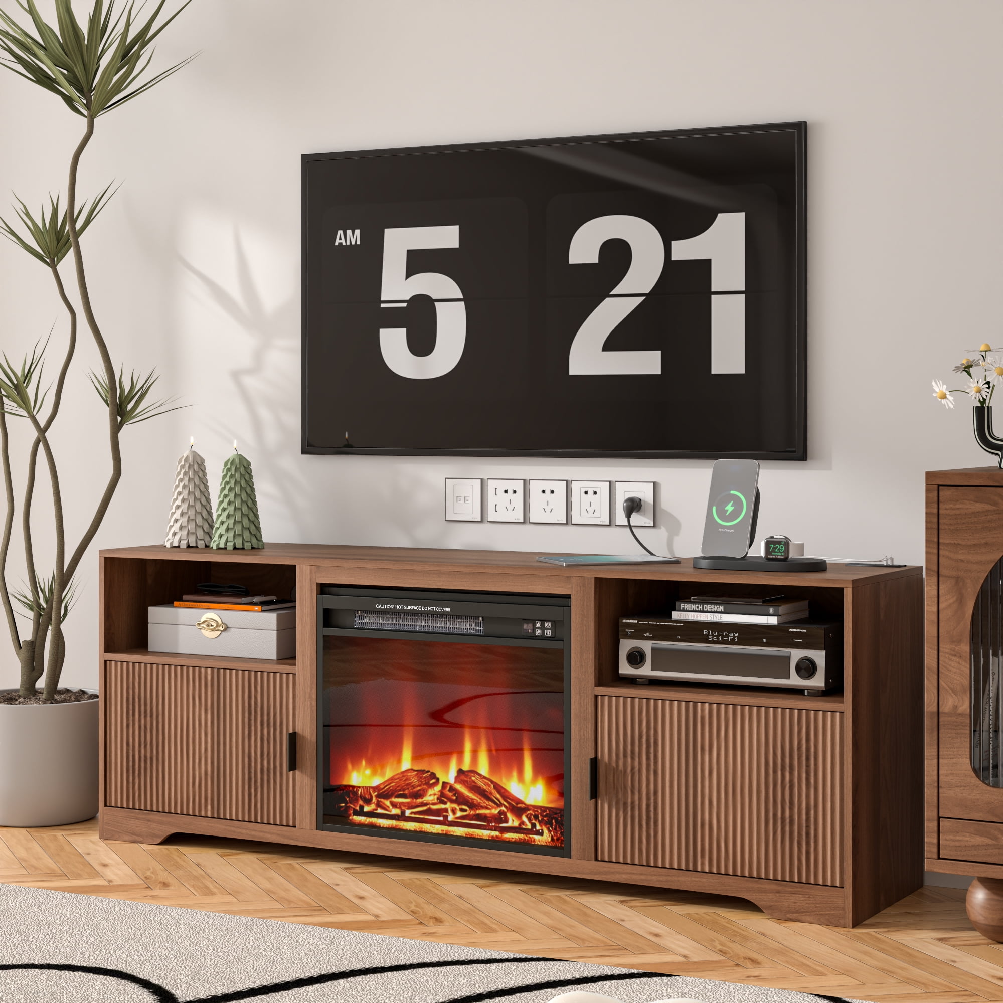 Lisicues Fireplace TV Stand for 80 Inch TV, 68" Farmhouse Entertainment Center with 23" Electric Fireplace Heater, Wood Media Console Cabinet with Storage Shelves & Cord Holes for Living Room Bedroom