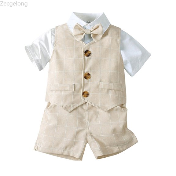 Zecgelong Toddler Kids Baby Boys T Shirt Plaid Bow Striped Tie Outfit Gentleman Suits Shirt Vest Shorts Outfits Set Boys Dressy Short Sleeve Sets for Boys 2-3 Years