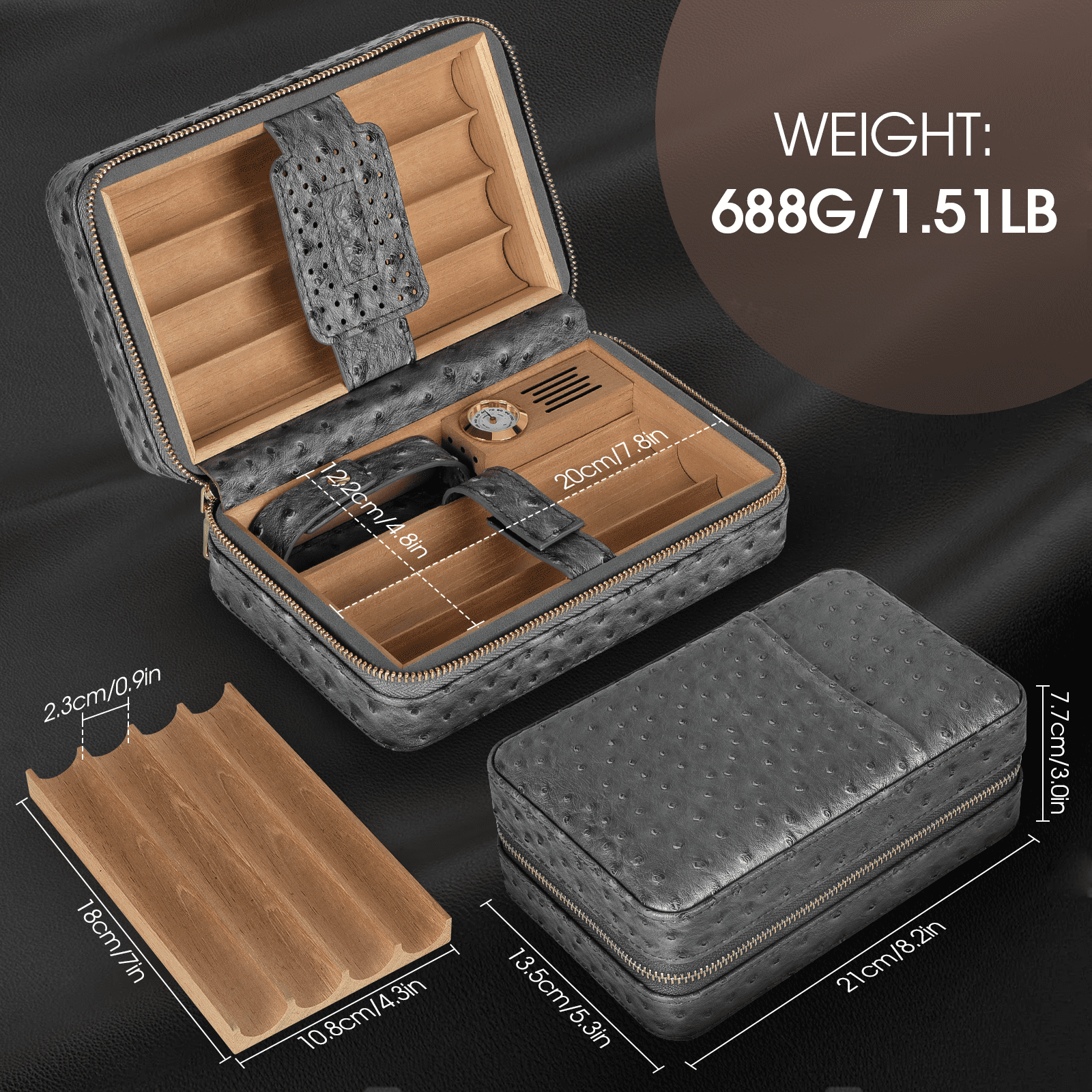 Travel Cigar Humidor Box Leather Cigar Case with Cigar Lighter Cedar Wood Lined Hygrometer & Humidifier, Cigar Holder Cigar Punch Portable Cigar Humidor Kit Gift for Men(No Butane),Hold 7 Cigars