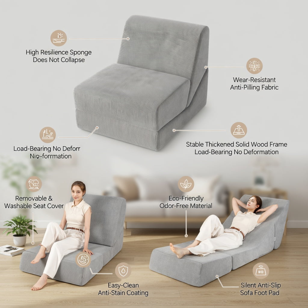 Hommoo 3-in-1 Folding Sofa Bed, Corduroy Convertible Lounger & Full-Size Guest Bed, Washable Zippered Cover, Gray