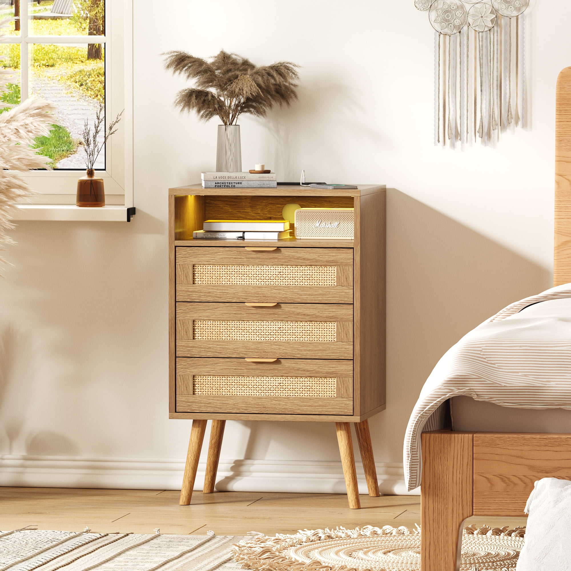 Vabches Rattan Nightstand Set of 2 with Charging Station and 3 Drawers for Bedroom, Living Room