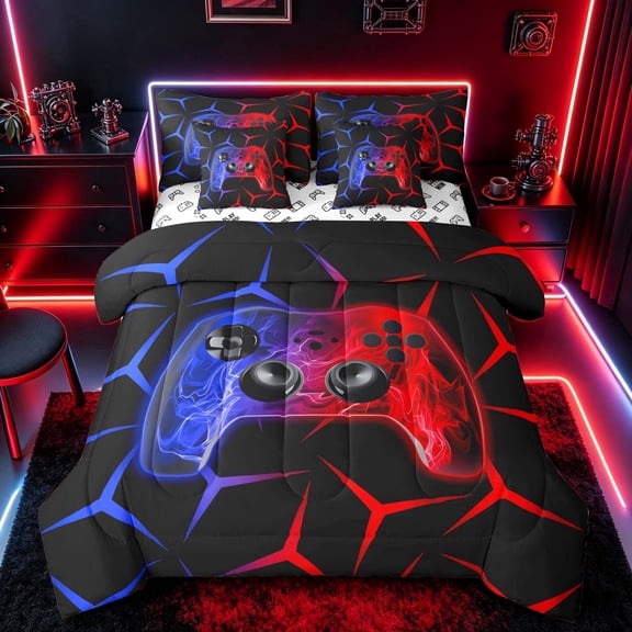 meiyoeat Neon Red-Blue Flame Game Controller Twin Bedding Sets for Kids Boys, Dual-Tone Geometric Gaming Bedding Comforter Set, Gamepad Reversible 7-Piece