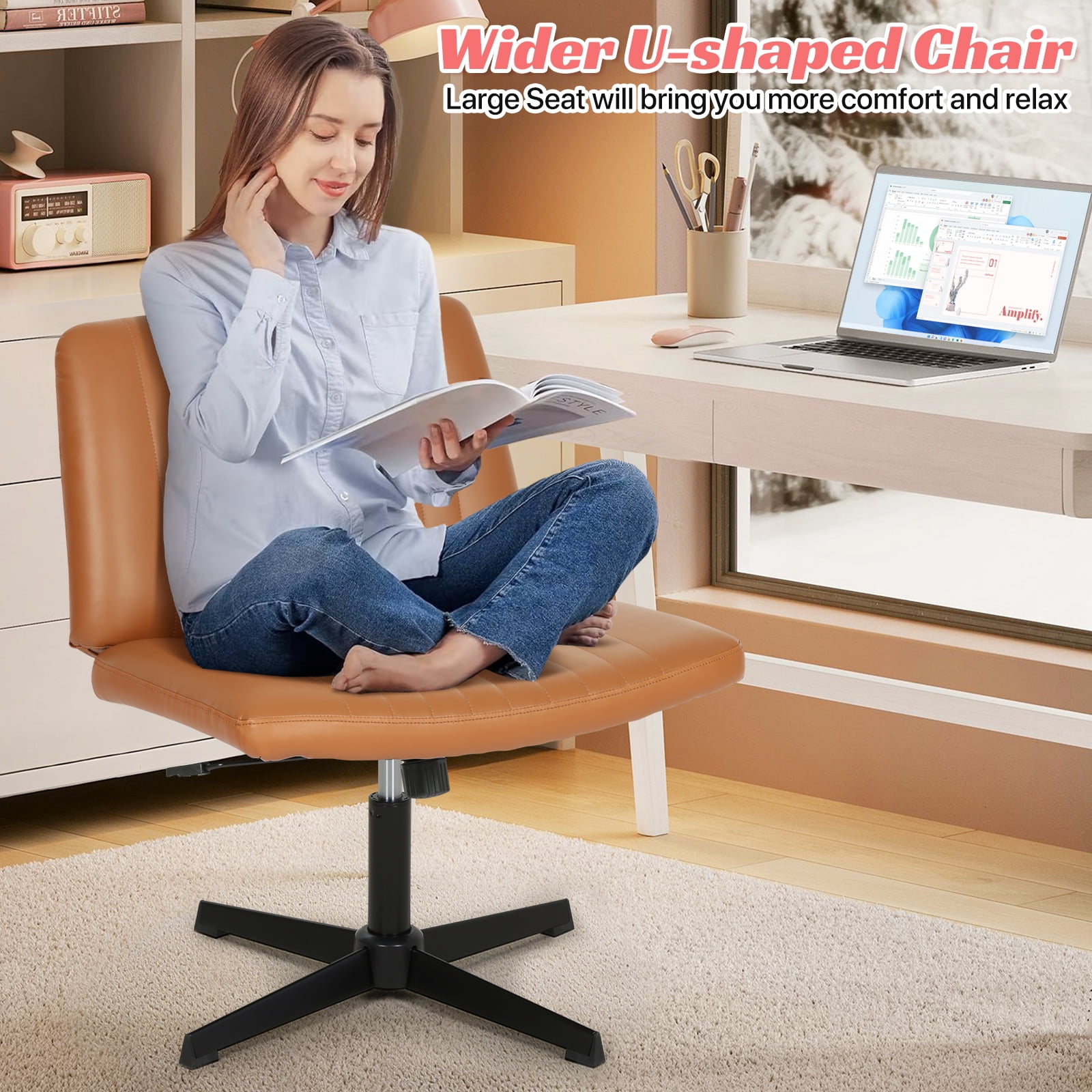 Criss Cross Chair, Armless  Vanity Chair Cross Legged Office Chair,  Adjustable Wide Swivel Desk Chair for Home Office No Wheels, Brown