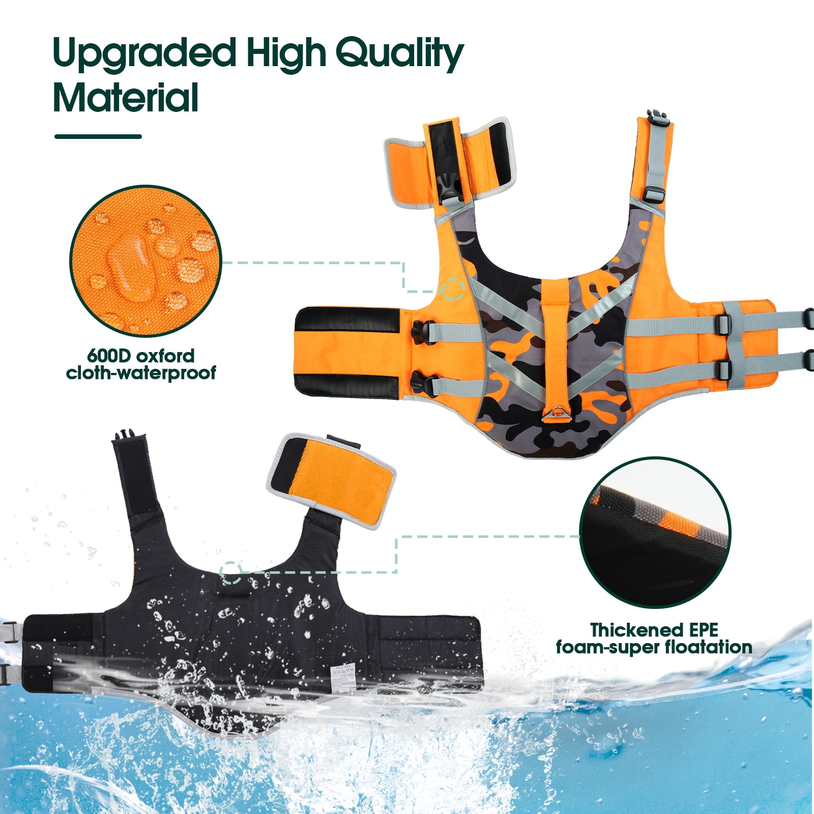 Kuoser Dog Life Jacket with Reflective Stripes, Adjustable Dog Life Vest, Orange, XS