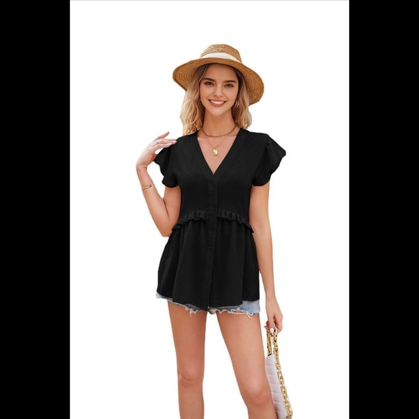 Blusa Informal de Corta con Cuello en V y Volantes para Mujer, Color Negro, Talla XL