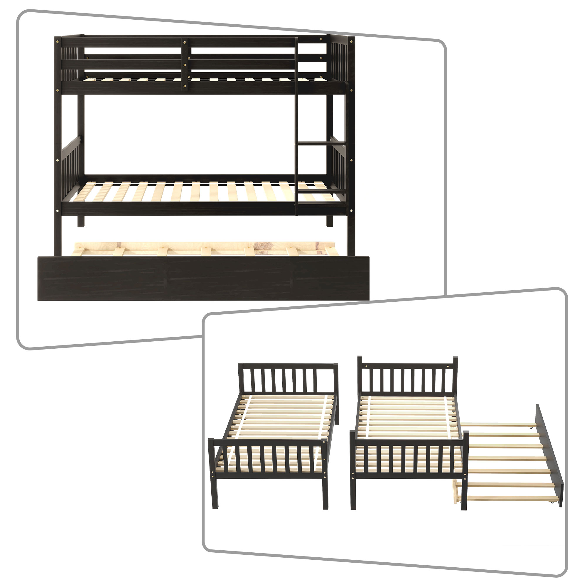 Modern and Minimalist Style Twin Size Wooden Bunk Bed with Ladder and A Trundle, Espresso - image 3 of 5