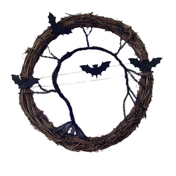 QLUEWX LED Halloween Wreaths for Front Door, 15.8" Gothic Halloween Wreath with Bat and Light, Spooky Door Wreath Home Decor, Halloween Decorations for Home Outdoor Porch Wall Party Supplies
