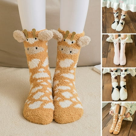 

1 Pair Adults Socks Cartoon Cat Rabbit Alpaca Giraffe Chick Fuzzy Fluffy Thickened Stretchy Keep Warm Coral Fle