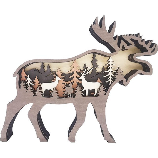 Estatuas de animales de madera con decoración de alces del bosque en 3D, arte de pared para el hogar, oficina, trabajo, escritorio, decoración rústica de granja, cabaña, habitación de granja, decoraci