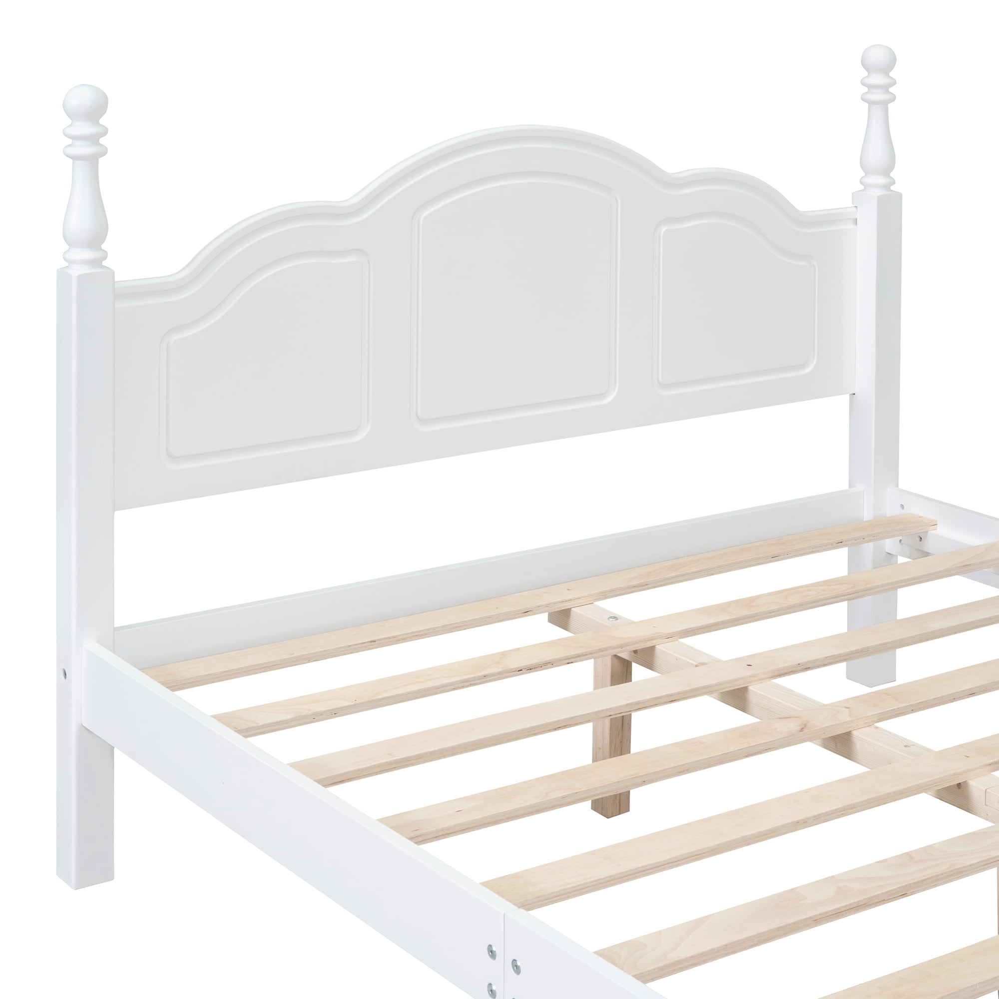 Full Size Wood Platform Bed Frame, Retro Style Platform Bed with Wooden Slat Support, White