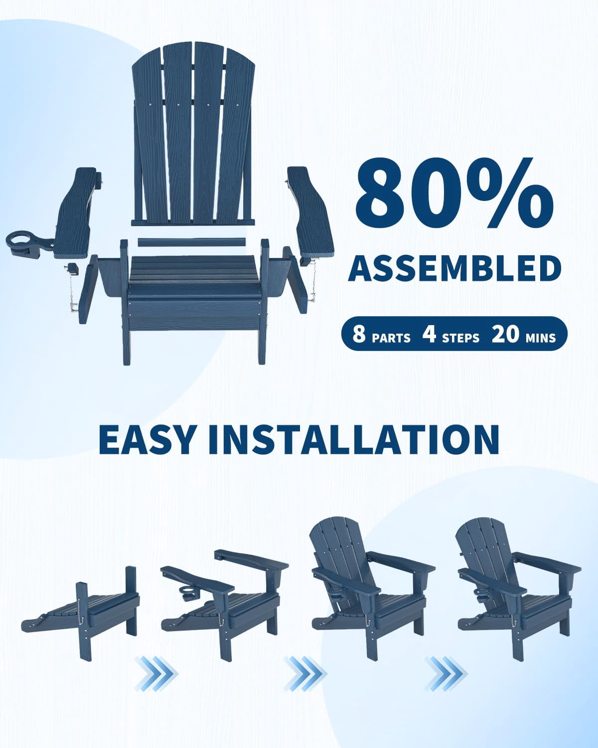 Folding Adirondack Patio Chair, All-Weather HDPE Outdoor Chair with Wooden Texture and Cup Holder, Weather Resistant, Lawn Chair for Garden, Deck, Fire Pit, Navy Blue