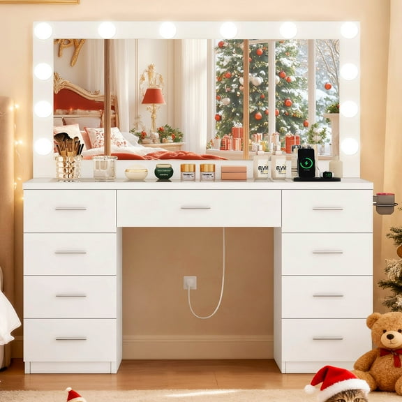 46" Large Makeup Vanity, Vanity Table with Large Lighted Mirror and Charging Station, Vanity Desk with 9 Drawers and Glass Desktop, for Bedroom, White
