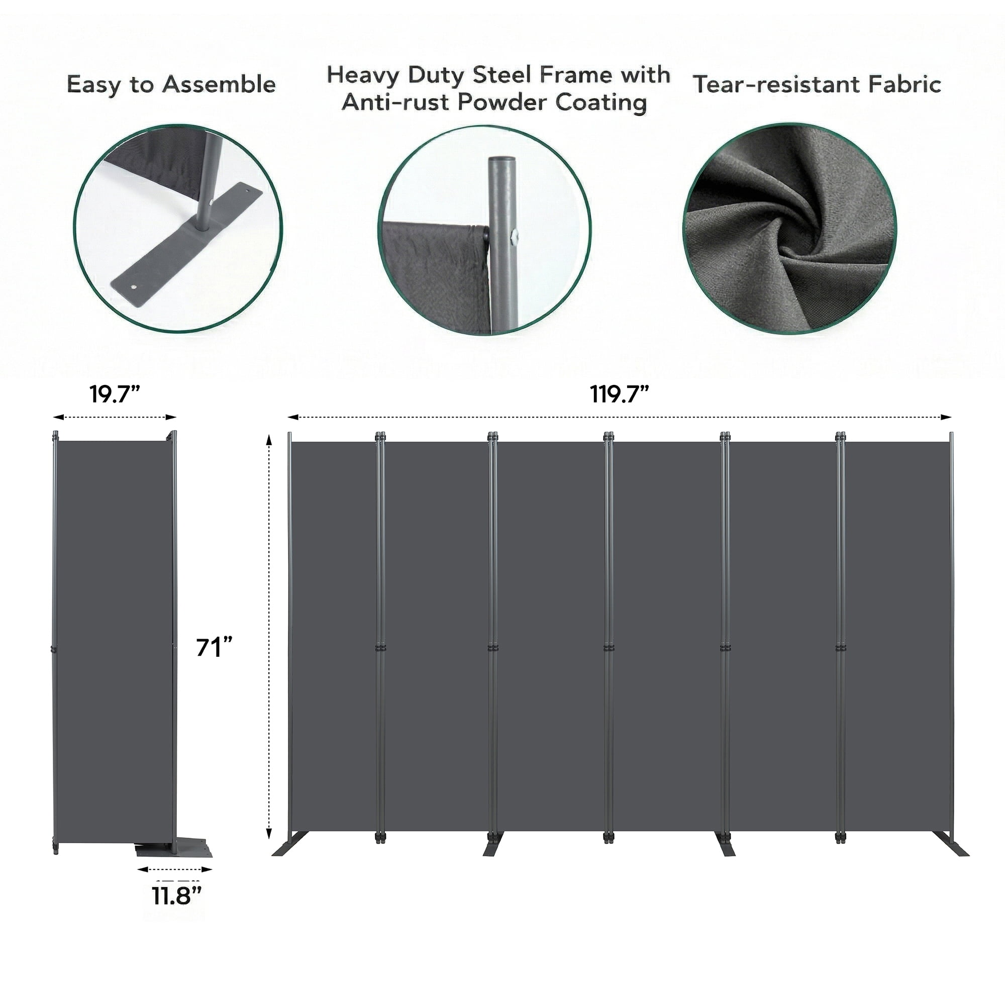 Room Divider 6-Panel -120" W × 71 "H Folding Privacy Screen for Indoor Space, Heavy-Duty Metal Frame & Polyester Fabric Portable Freestanding Partition for Bedroom,Office & Living Room-Black Gray
