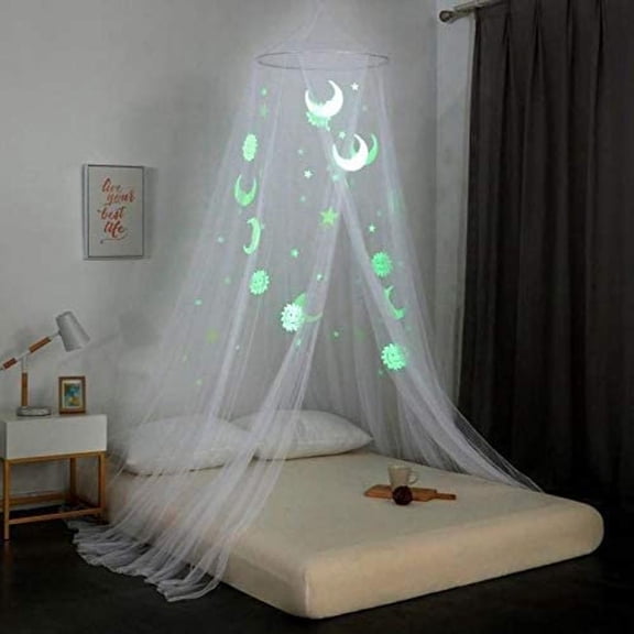 OctoRose Moon and Star Glow in The Dark Bed Canopy Mosquito Net| Fits Crib,Twin, Full, Queen, King and Calking. 23" Diameter on top, 98" high