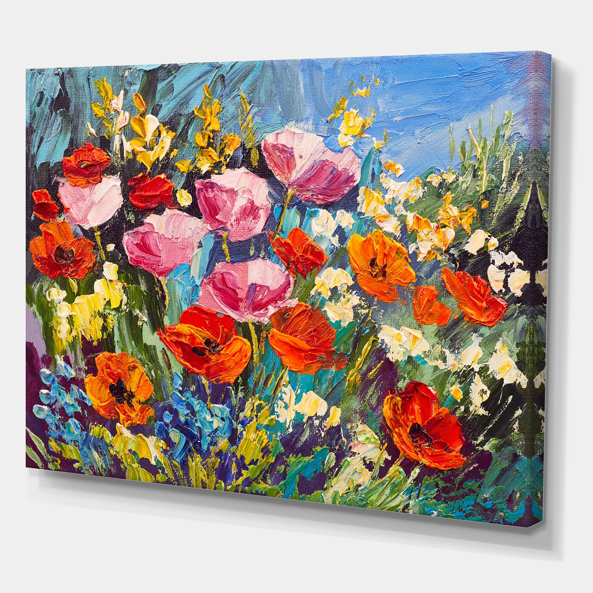 Designart ' Colorful Spring Poppies In Field ' Traditional Canvas Wall Art Print